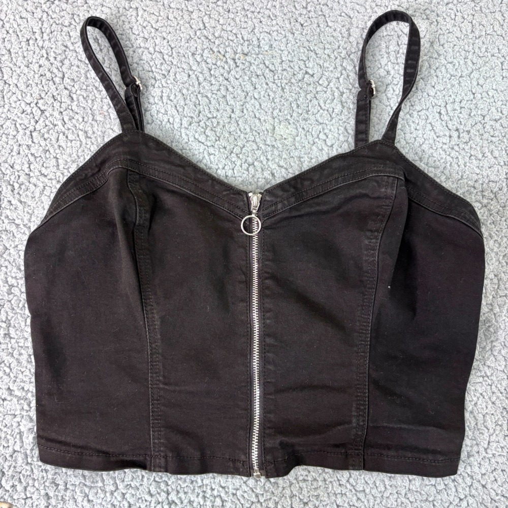 Guess Crop Top Bustier XL Black Cami Denim Zip Front Smocked Back Minimalist - Picture 5 of 9